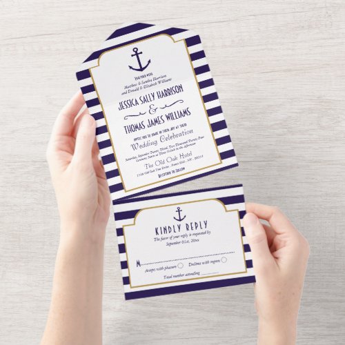 Nautical Navy  White Stripe Anchor Wedding All In One Invitation