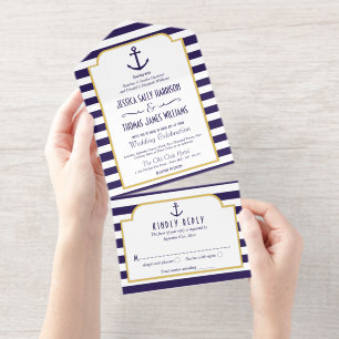 Nautical Navy & White Stripe Anchor Wedding All In One Invitation