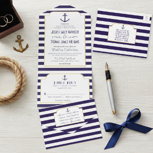 Nautical Navy & White Stripe Anchor Wedding All In One Invitation