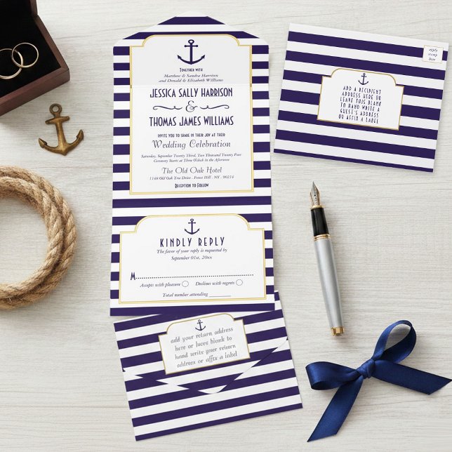 Nautical Navy & White Stripe Anchor Wedding All In One Invitation (Creator Uploaded)
