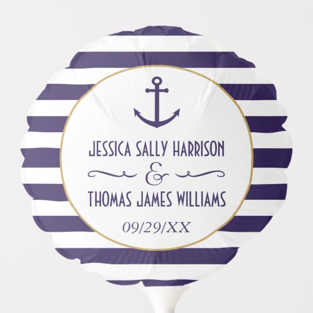 Nautical Navy & White Stripe Anchor Wedding Balloon (Front)