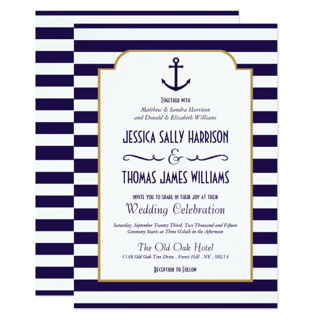 Nautical Navy & White Stripe Anchor Wedding Invitation