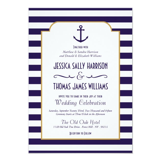 Nautical Navy & White Stripe Anchor Wedding Invitation