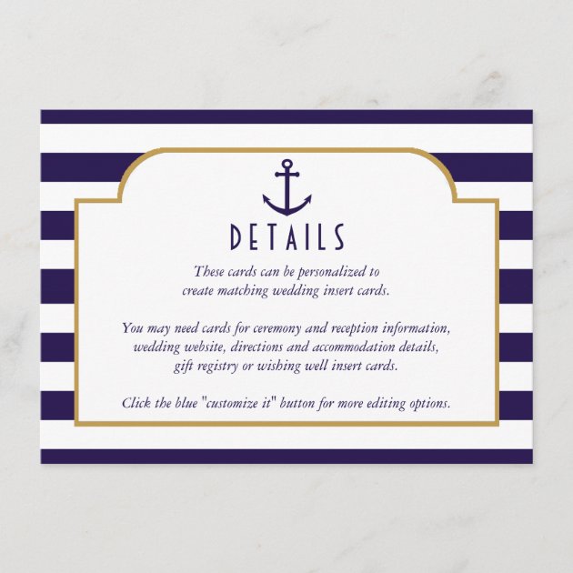 Nautical Navy & White Stripe Anchor Wedding Detail Enclosure Card