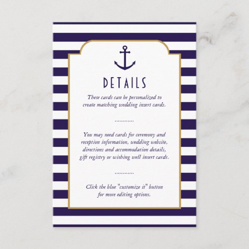 Nautical Navy  White Stripe Anchor Wedding Detail Enclosure Card