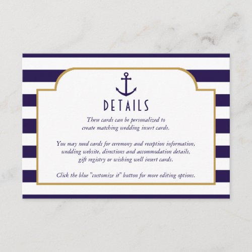 Nautical Navy  White Stripe Anchor Wedding Detail Enclosure Card