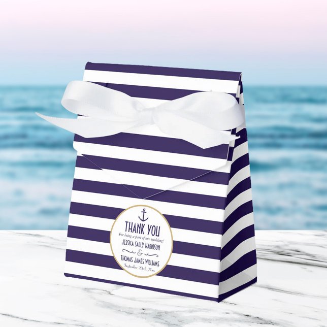 Nautical Navy & White Stripe Anchor Wedding Favor Boxes (Creator Uploaded)