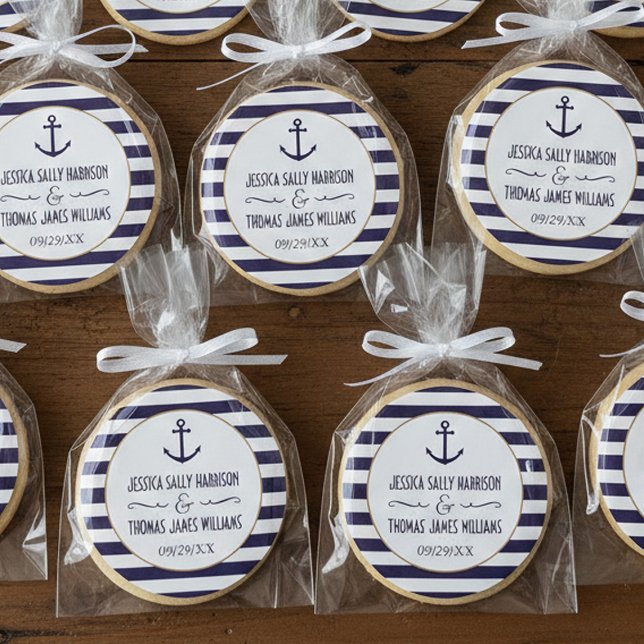 Nautical Navy & White Stripe Anchor Wedding Favor Classic Round Sticker (Creator Uploaded)