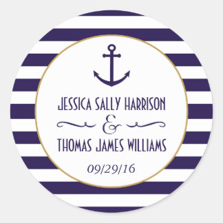 Nautical Navy & White Stripe Anchor Wedding Favor Classic Round Sticker