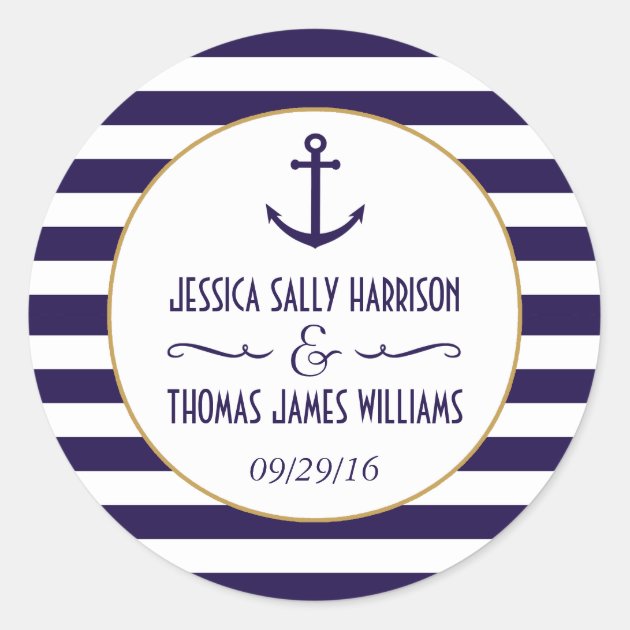 Nautical Navy & White Stripe Anchor Wedding Favor Classic Round Sticker