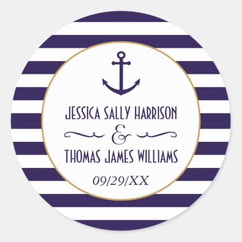 Nautical Navy  White Stripe Anchor Wedding Favor Classic Round Sticker