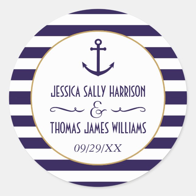 Nautical Navy & White Stripe Anchor Wedding Favor Classic Round Sticker (Front)