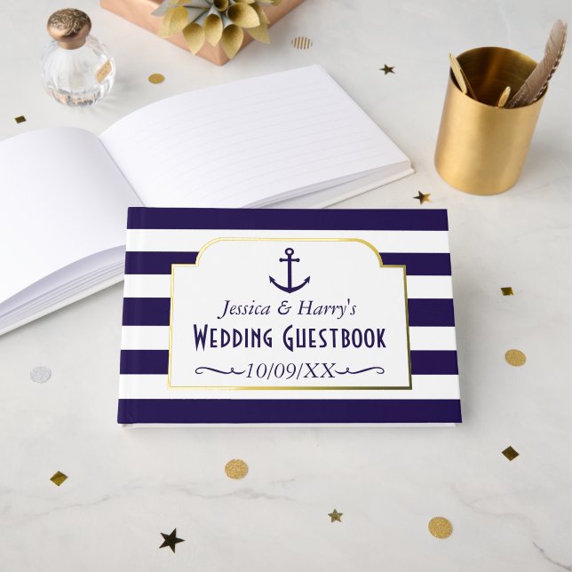 Nautical Navy & White Stripe Anchor Wedding Foil Guest Book (Front Open)