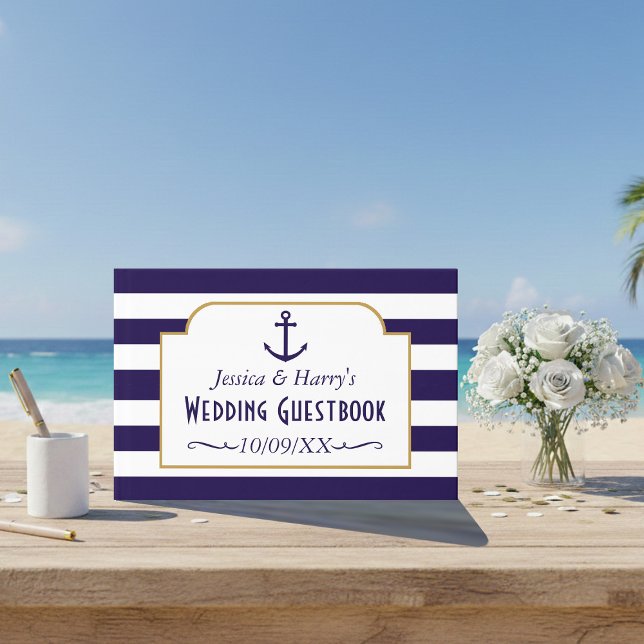 Nautical Navy & White Stripe Anchor Wedding Guest Book (Creator Uploaded)