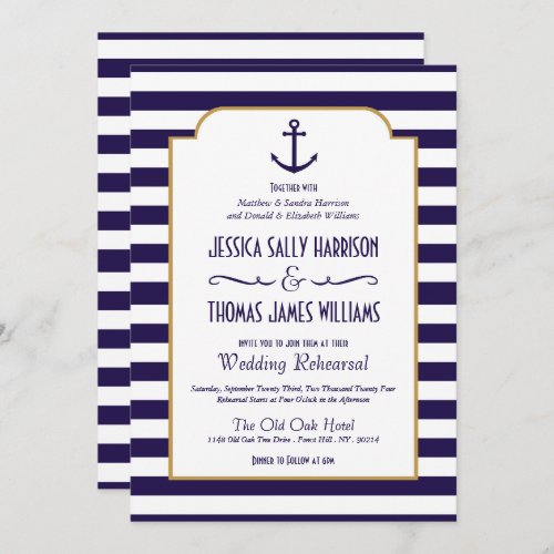 Nautical Navy  White Stripe Anchor Wedding Invitation