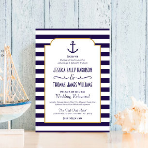 Nautical Navy & White Stripe Anchor Wedding Invitation