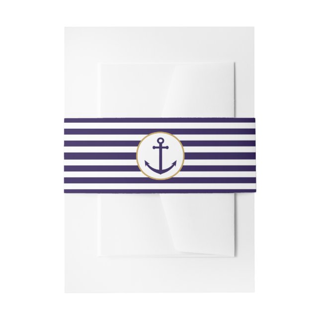 Nautical Navy & White Stripe Anchor Wedding Invitation Belly Band (Front Example)