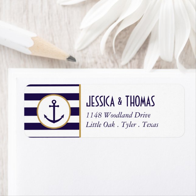 Nautical Navy & White Stripe Anchor Wedding Label (Insitu)