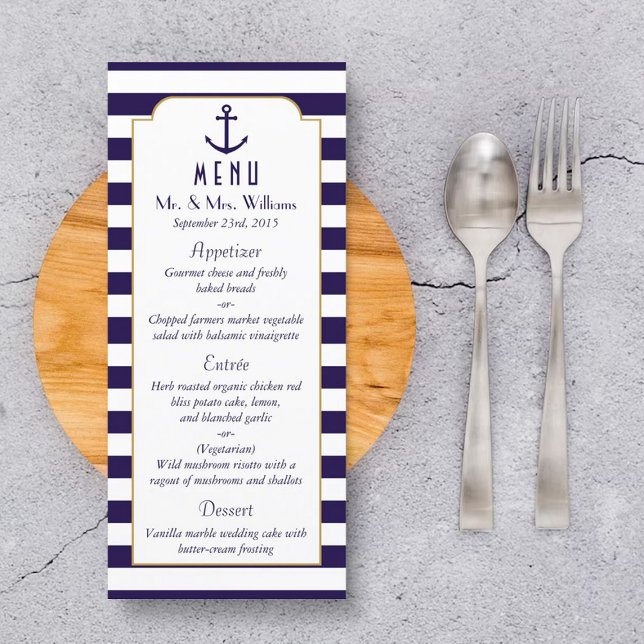 Nautical Navy & White Stripe Anchor Wedding Menu (Creator Uploaded)