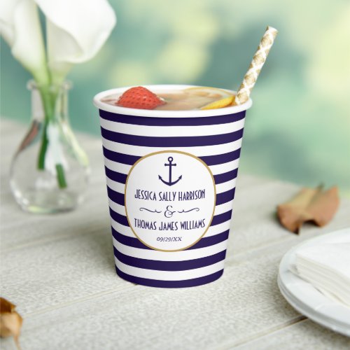 Nautical Navy  White Stripe Anchor Wedding Paper Cups
