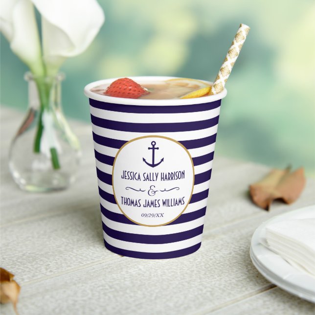Nautical Navy & White Stripe Anchor Wedding Paper Cups (Insitu)