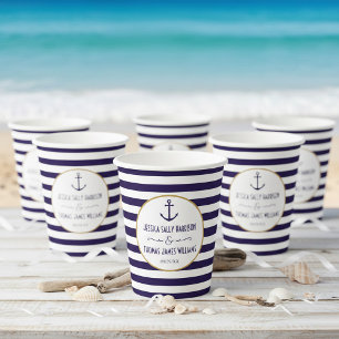 Nautical Navy & White Stripe Anchor Wedding Paper Cups