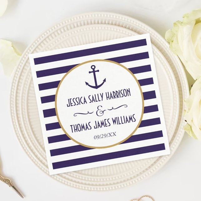 Nautical Navy & White Stripe Anchor Wedding Paper Napkins (Creator Uploaded)