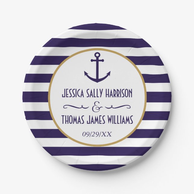 Nautical Navy & White Stripe Anchor Wedding Paper Plates (Front)