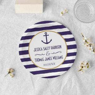 Nautical Navy & White Stripe Anchor Wedding Paper Plates