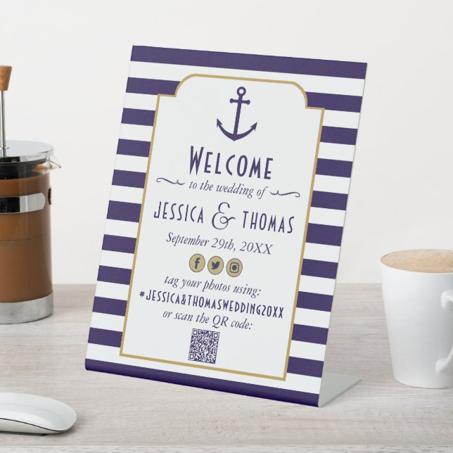Nautical Navy & White Stripe Anchor Wedding Pedestal Sign (In SItu)