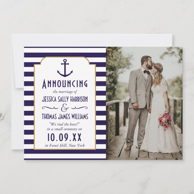 Nautical Navy & White Stripe Anchor Wedding Photo Announcement (Front)