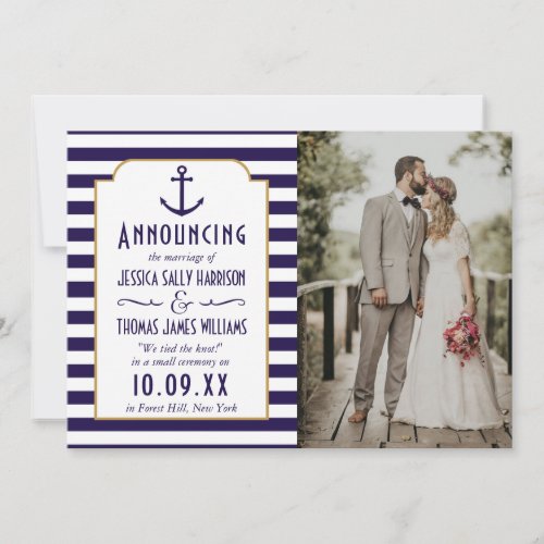 Nautical Navy  White Stripe Anchor Wedding Photo Announcement
