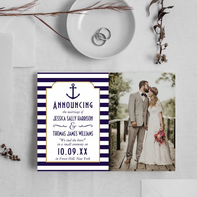 Nautical Navy & White Stripe Anchor Wedding Photo Announcement (Creator Uploaded)