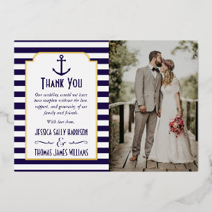 Nautical Navy & White Stripe Anchor Wedding Photo Foil Invitation