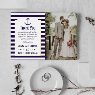 Nautical Navy & White Stripe Anchor Wedding Photo Foil Invitation
