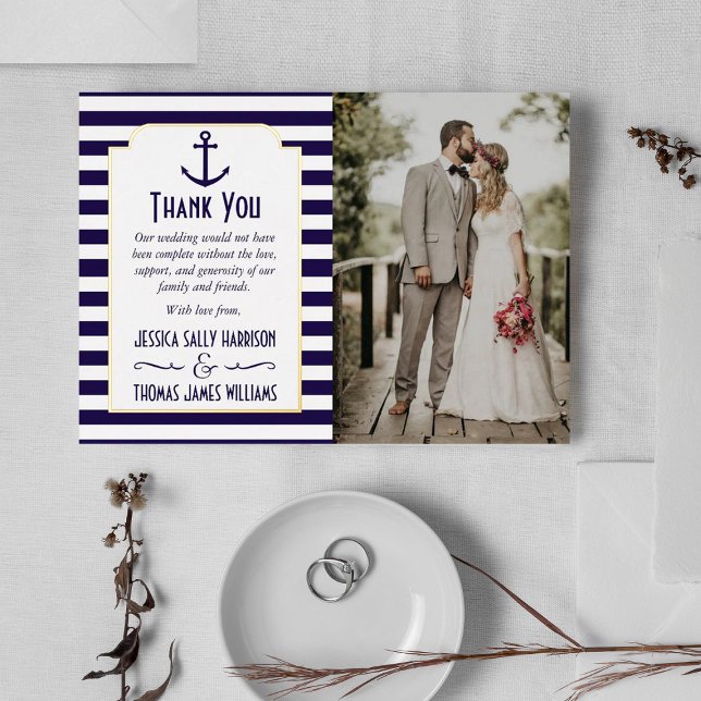 Nautical Navy & White Stripe Anchor Wedding Photo Foil Invitation (Creator Uploaded)