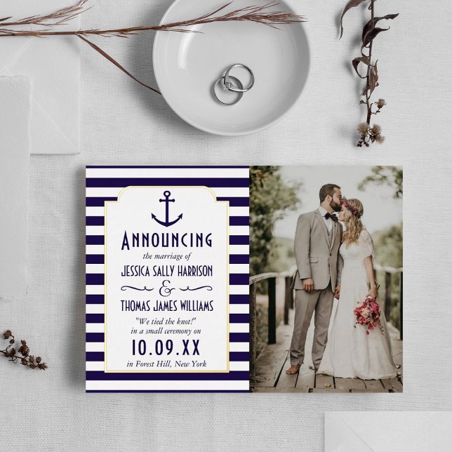 Nautical Navy & White Stripe Anchor Wedding Photo Foil Invitation (Creator Uploaded)