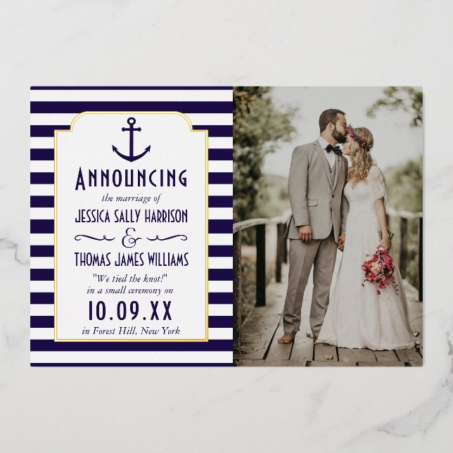 Nautical Navy & White Stripe Anchor Wedding Photo Foil Invitation (Front)