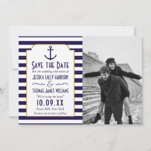 Nautical Navy & White Stripe Anchor Wedding Photo Save The Date