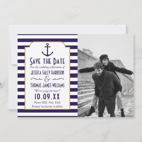 Nautical Navy  White Stripe Anchor Wedding Photo Save The Date