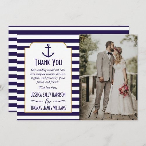 Nautical Navy  White Stripe Anchor Wedding Photo Thank You Card