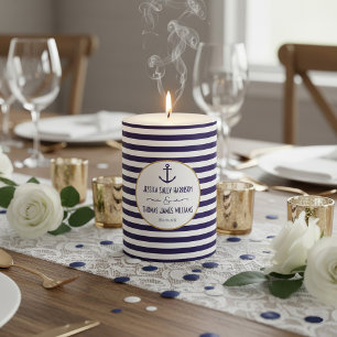Nautical Navy & White Stripe Anchor Wedding Pillar Candle