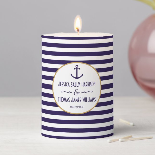 Nautical Navy & White Stripe Anchor Wedding Pillar Candle (In Situ)