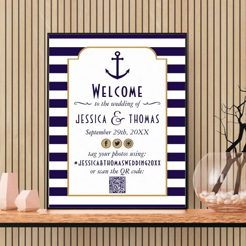 Nautical Navy  White Stripe Anchor Wedding Poster