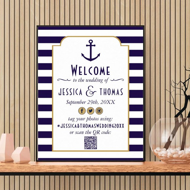 Nautical Navy & White Stripe Anchor Wedding Poster (Creator Uploaded)