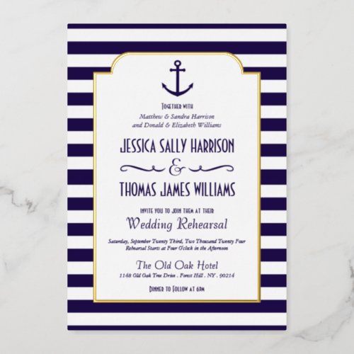 Nautical Navy  White Stripe Anchor Wedding Real Foil Invitation