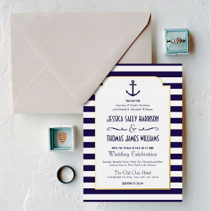 Nautical Navy & White Stripe Anchor Wedding Real Foil Invitation