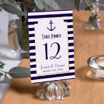 Nautical Navy & White Stripe Anchor Wedding Real Foil Invitation<br><div class="desc">Celebrate in style with these elegant and very trendy real foil pressed wedding table number cards. The design is easy to personalize with your own names, date & table number and your guests will be thrilled when they see these fabulous table number cards. *** HOW TO ORDER *** Please customize...</div>