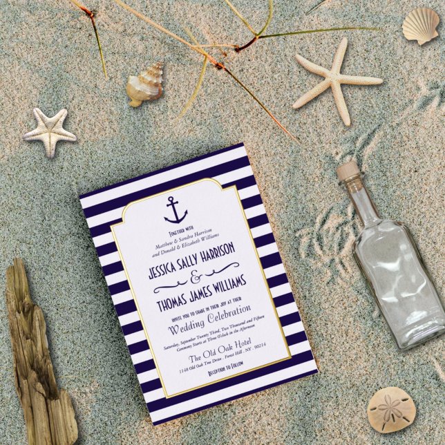 Nautical Navy & White Stripe Anchor Wedding Real Foil Invitation (Creator Uploaded)