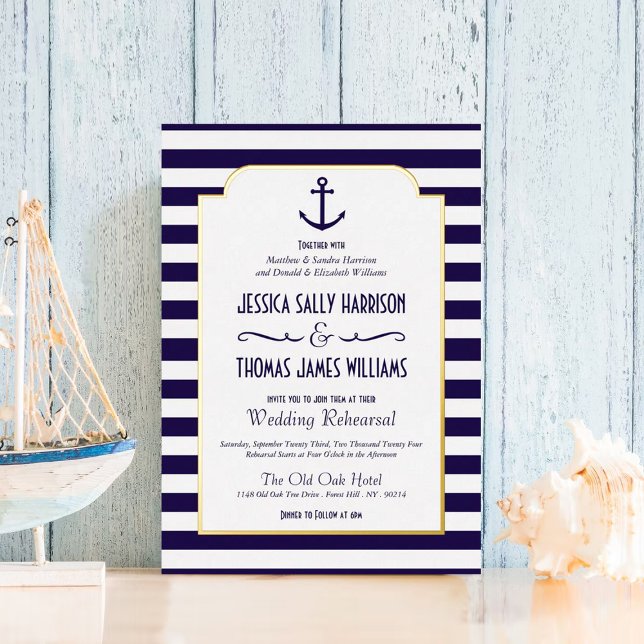 Nautical Navy & White Stripe Anchor Wedding Real Foil Invitation (Creator Uploaded)